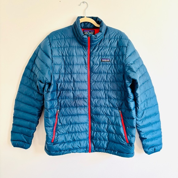 Patagonia Men’s Down Sweater Puffer Jacket – Big Sur Blue, Fire Red, Size L - Picture 3 of 7